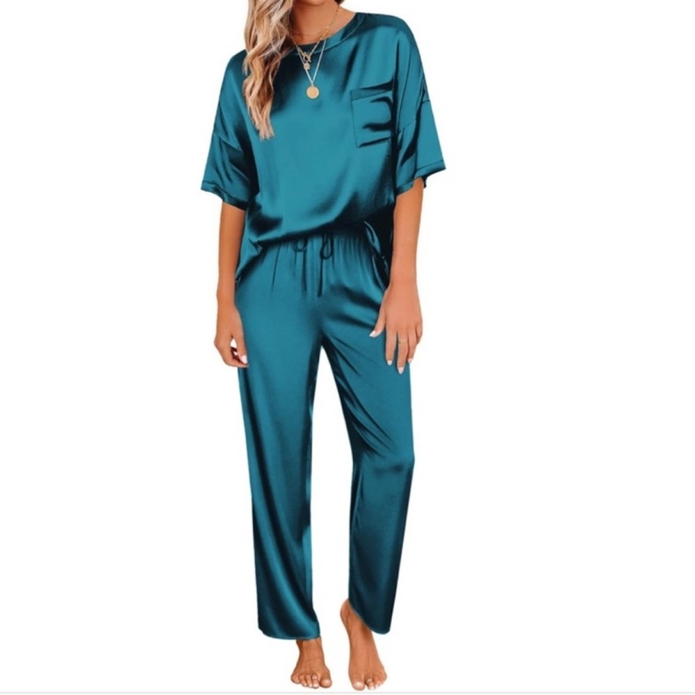 NWOT Ekouaer Women 2XL Satin Pajama Set Loungewear Teal Green
